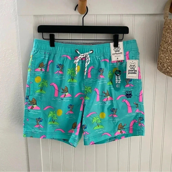 Party Pants Men’s Neon Dinosaur Beerlieve Print Swim Trunks Board Shorts Medium - Picture 1 of 13